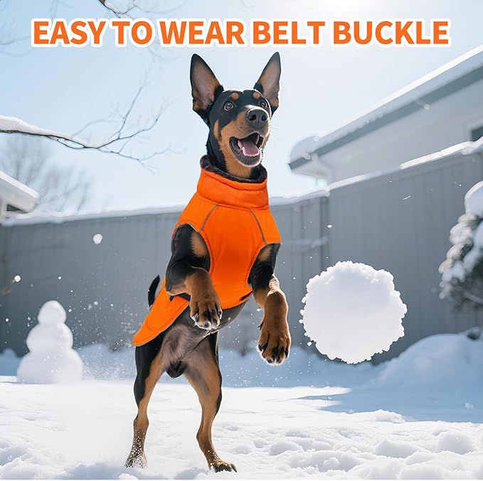 DENTRUN Winter Warm Dog Coat Reflective Jacket with Turtleneck for Cold Weather, Adjustable Buckle Windproof Water Repellent, Thick Snowsuit Fleece Vest for Small, Medium, Large Dogs, Orange, M