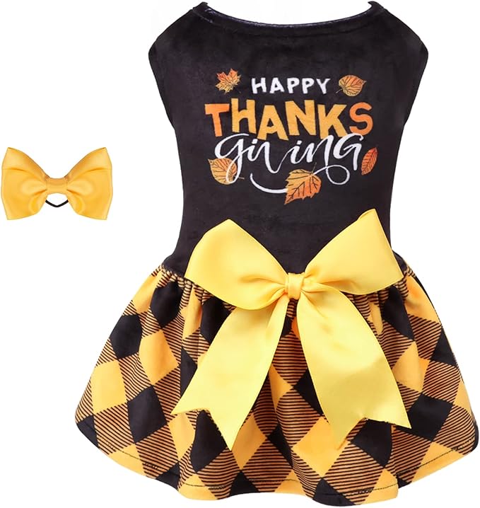 CuteBone Happy Thanksgiving Day Dog Fall Dress Costume Velvet for Small Dogs Girl Puppy Dresses Yellow Plaid Dog Clothes CVA03XXS-D