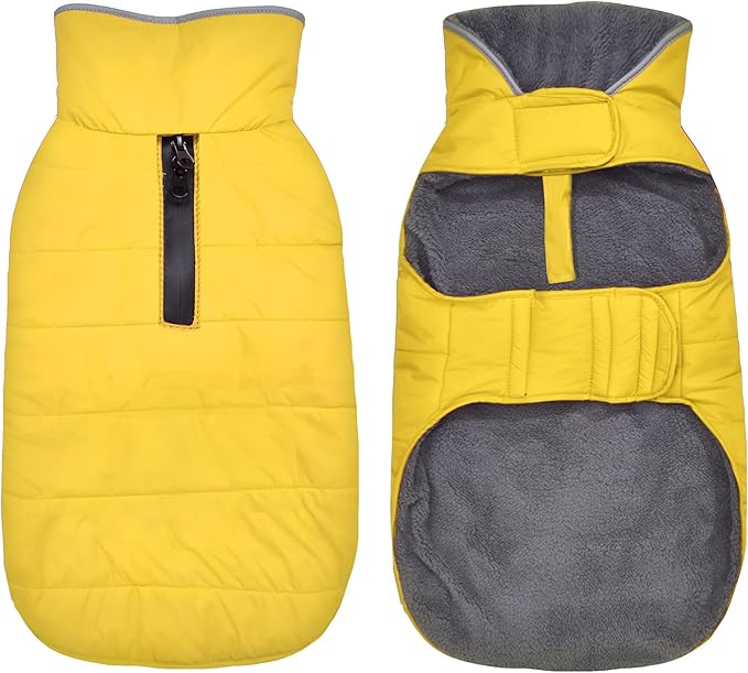 Dog Winter Coat, Waterproof Dog Jacket with Leash Hole, Reflective Adjustable Pet Snow Vest, Warm Fleece Sweater for Small Medium Large Dogs - Yellow, S