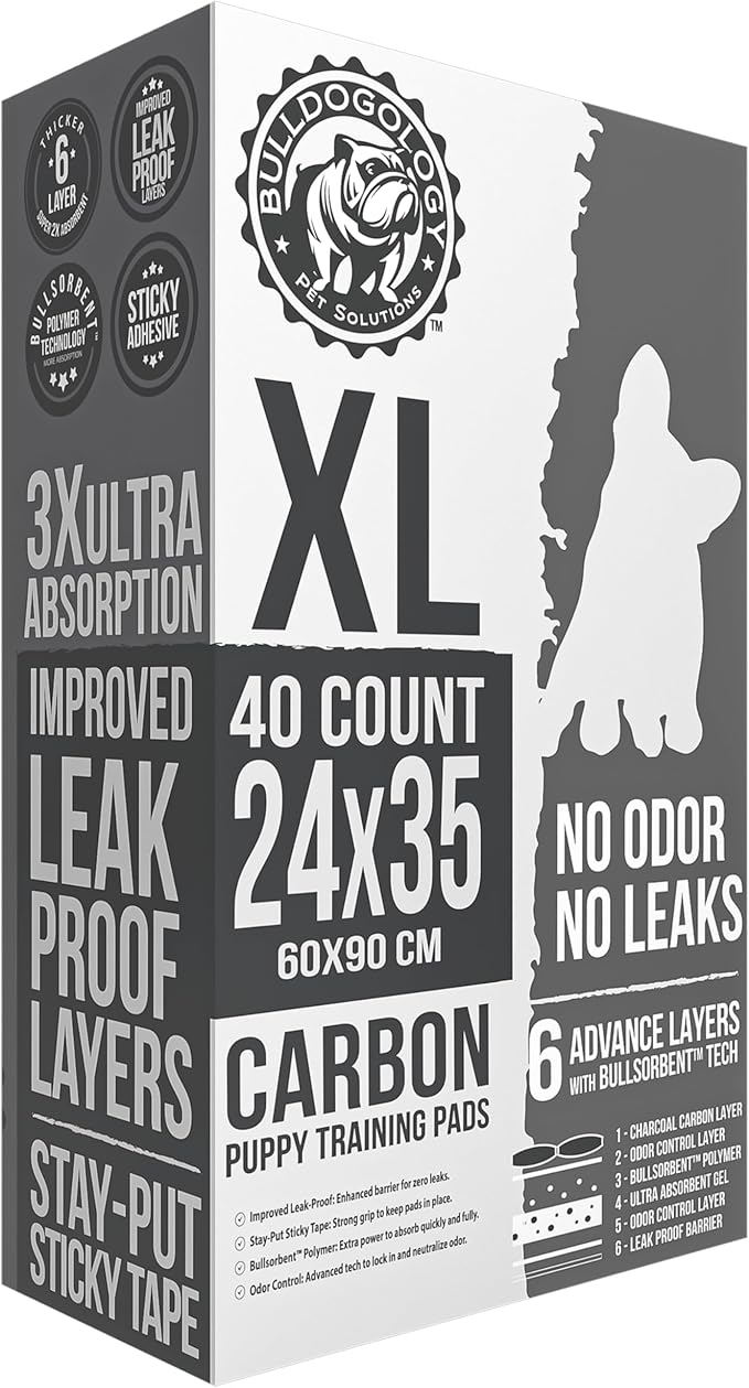 Bulldoglogy Carbon Black XL Dog Pee Pads for Extra Large Dogs with Adhesive Sticky Tape - Extra Large Charcoal Housebreaking Dog Pee Pads Disposable (24x35) (40-Count, Black)