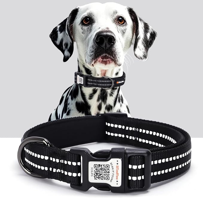 Personalized Dog Collar with QR Code Dog Tag, Black S | Anti-lost, 1000D nylon, reflective, padded, XS-L(8"-24"), QR buckle shares lost pet profile, location alerts when scanned