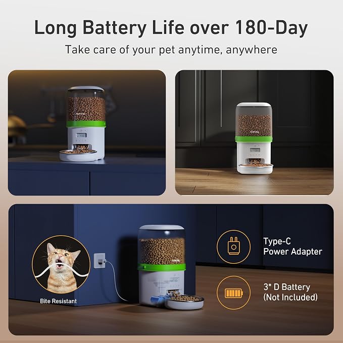 Automatic Cat Feeder - 4L Timed Auto Pet Feeder for Cat and Dog with Dry Food Dispenser, 180-day Battery Life, 1-6 Meals Per Day, 1-16 Portion, Desiccant Bag Keeps Food Fresh