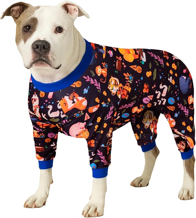 LovinPet Full Onesie for Large Dog, Lightweight Stretchy Fabric, Woodland Musicians Black Print, Pet Pajamas for Dogs, UV Protection, Lage Breed Dog Jammies, Pet PJ's, Pitbull Clothes, 2XL