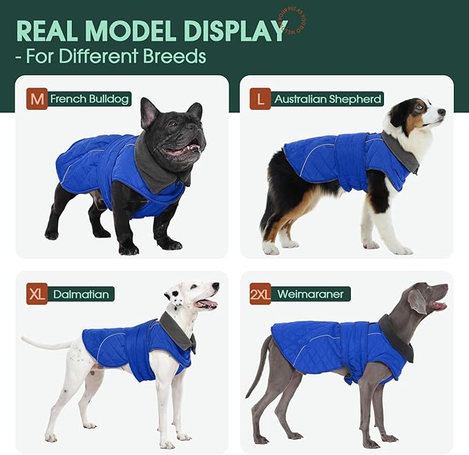 Kuoser Dog Coat, Super-Warm Dog Jacket Windproof Pet Cold Weather Coats for Extra Large Dogs, Fleece Lining Quilted Turtleneck Puppy Snowsuit Reflective Adjustable Doggie Winter Clothes, Blue, 2XL