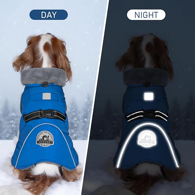 KYEESE Waterproof Dog Coat, Windproof Warm Winter Jacket with Thick Fleece Lined, Cozy Turtleneck Dog Coats for Large Dogs with Leash Hole, Reflective Outdoor Cold Weather Coat, Blue, XXX-Large