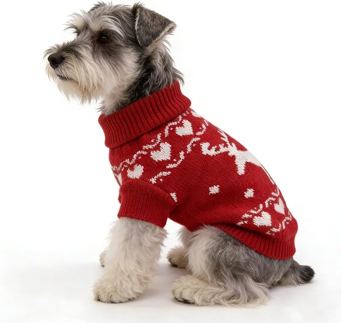 Small Dog Cold Weather Sweaters – Warm Knit Turtlenecks, Cozy Pet Pullovers Dog Clothes with Leash Hole for Chihuahua Bulldog Pug Beagles (White/Red, Small)