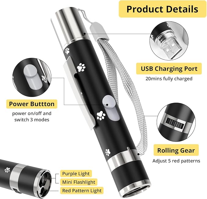 Cat Toy, Distinctive Black Painted Metal Casing with Paw Print Design, USB Rechargeable, 5 Adjustable Light Patterns, Portable Interactive Chase Toy for Indoor Cats & Dogs Training and Exercise