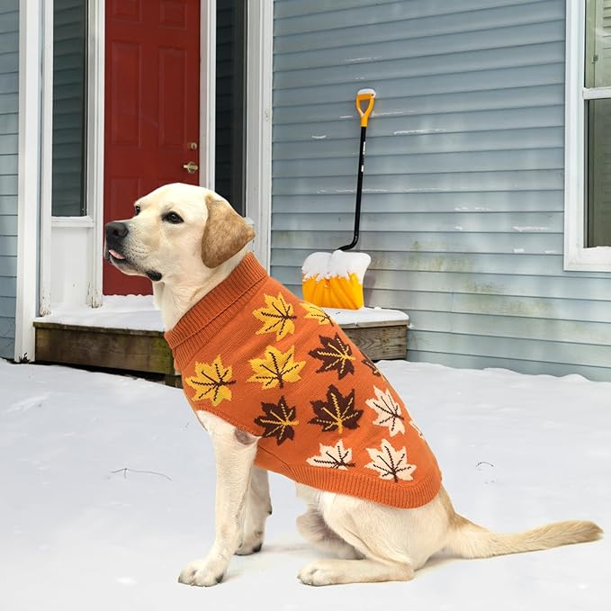 KOOLTAIL Fall Dog Sweater, Thanksgiving Dog Sweater with Autumn Maple Leaf Pattern, Cold Weather Pet Knitted Winter Coats Clothes Turtleneck Pullover for Small Medium Large Dogs Cat Boy Girl, Orange L