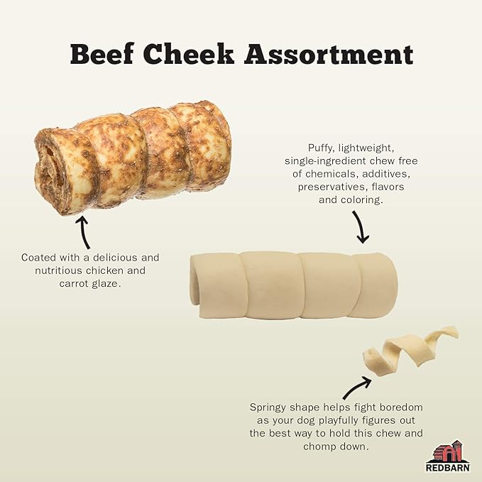 Redbarn Pet Products All-Natural Large Beef Cheek Rolls for Dogs, Uncoated - Single Ingredient Grain-Free Chew Treat Naturally Rich in Collagen - No Artificial Preservatives - Pack of 4