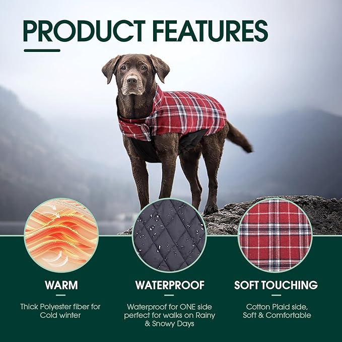 Kuoser Warm Dog Coat, Waterproof Dog Jacket for Extra Large Dogs, Adjustable Durable XXL Doggie Winter Coat Reversible Puppy Cold Weather Apparel from Small to Large Breed, Red XXL