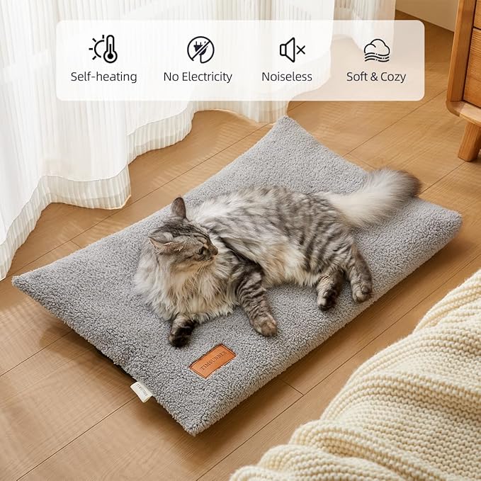 TIMSUNBER Self Warming Cat Bed Self Heating Pad 29 x 19 inch Thermal Pet mat for Indoor Outdoor Pets Double Filled Cat Mat with Washable Removable Cover Non-Slip Bottom (Light Gray)