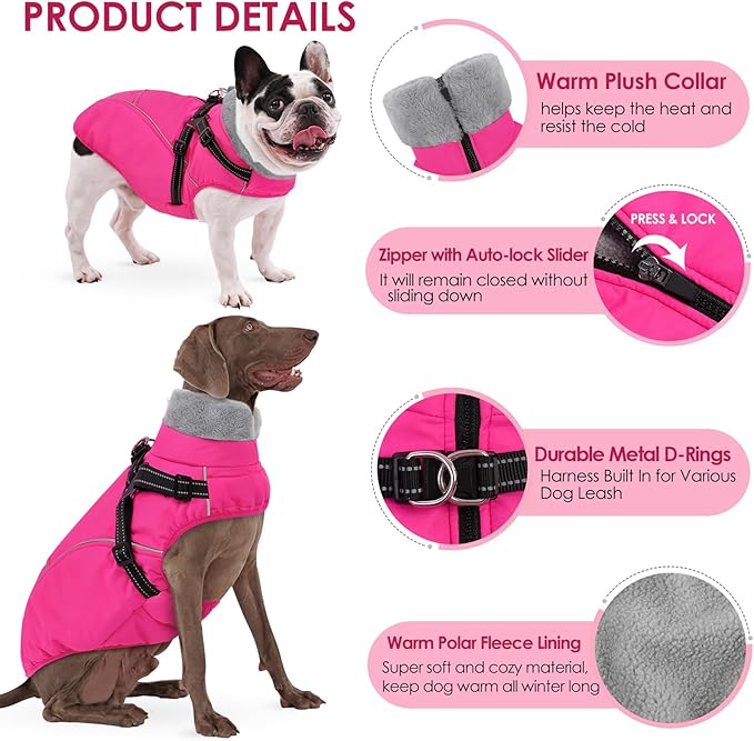 AOFITEE Dog Coat, Waterproof Dog Jacket with Harness Built in, Dogs Coats for Lage Dogs, Warm Fleece Zipped Pet Puffer Jacket, Outdoor Cold Weather Coats Pet Snowsuit for French Bulldog, Pink L