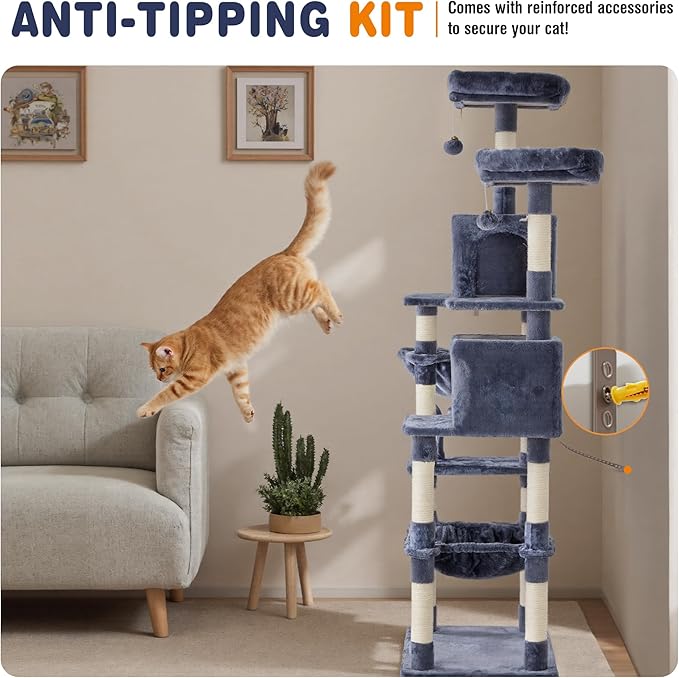 Aidoly Large Cat Tree 71 Inch, Multi-Level Tall Cat Tree Tower with Condo, Perches, Sisal Scratching Posts and Hammock, Pet Play House with Dangling Balls for Indoor Cats, Dark Grey