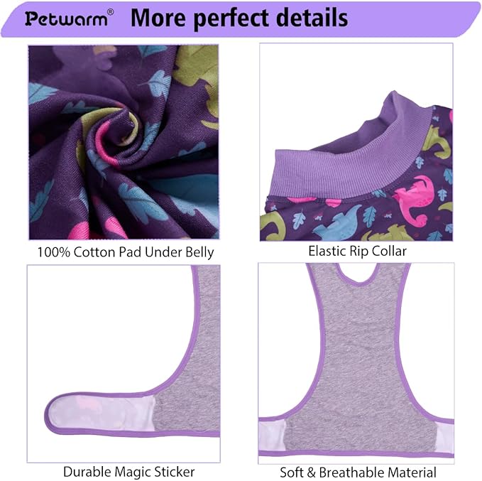 PetWarm Post Neuter Surgery Suit for Dogs Male, Dog Coat's Inner Clothes, Substitute E-Collar and Cone, Dog Onesies Pet Surgery Recovery Suit for Dogs, Dinosaur Pattern, Purple, XL