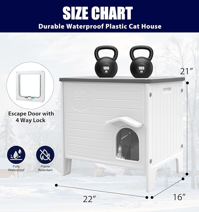 CSQOO Plastic Outdoor Cat House, 100% Weatherproof Feral Cat Shelter with Safety Escape Door, Cat House with for Barn Cat,