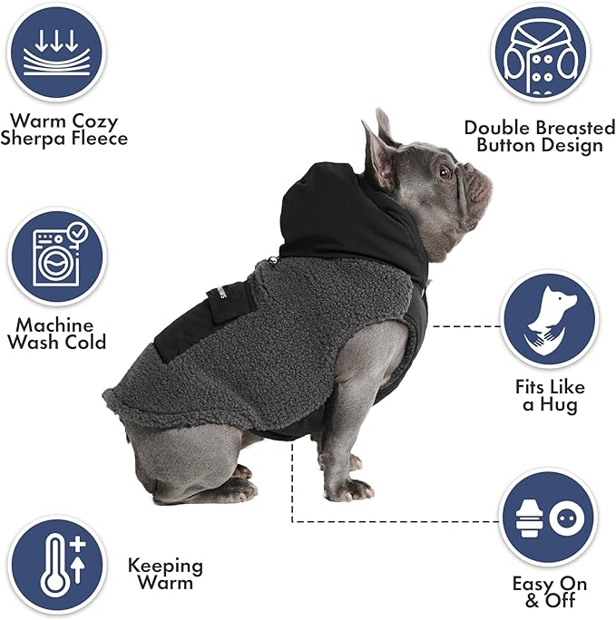 Spark Paws Reversible Fleece Dog Jacket, Hooded Sweater Vest, Warm Coat for Winter - Suitable for Small Medium Large XL XXL Dogs - Black and Grey - M