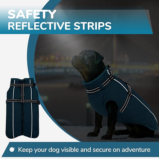 PUMYPOREITY Dog Coat with Harness Built in, Reflective Fleece Jacket, Thick and Warm Winter Coat, Medium Dog Jacket with Zip, Cold Weather Coats for Outdoor, Waterproof Pet Snowsuit, Blue, L