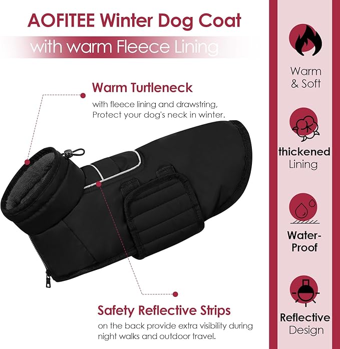 AOFITEE Coats for Extra Large Dogs, Warm Dog Winter Jacket with Harness Hole, Reflective Snowsuit Puffer Jacket for Large Dogs, Windproof Cold Weather Coats for Border Collie, Golden Retriever, 2XL