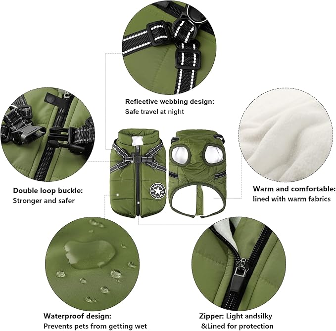 Aiboria Dog Jackets for Winter Windproof Waterproof 2 in 1 Outfit Cold Weather Coat Dog Vest Harness Puppy Winter Warm Jacket Green M