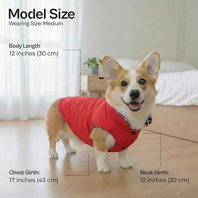 Parisian Pet Dog Reversible Jacket – British Style Plain/Plaid Winter Coat – Windproof Sweaters for Cold Weather – Warm Dog Vest – Soft Jacket for Medium Dogs M