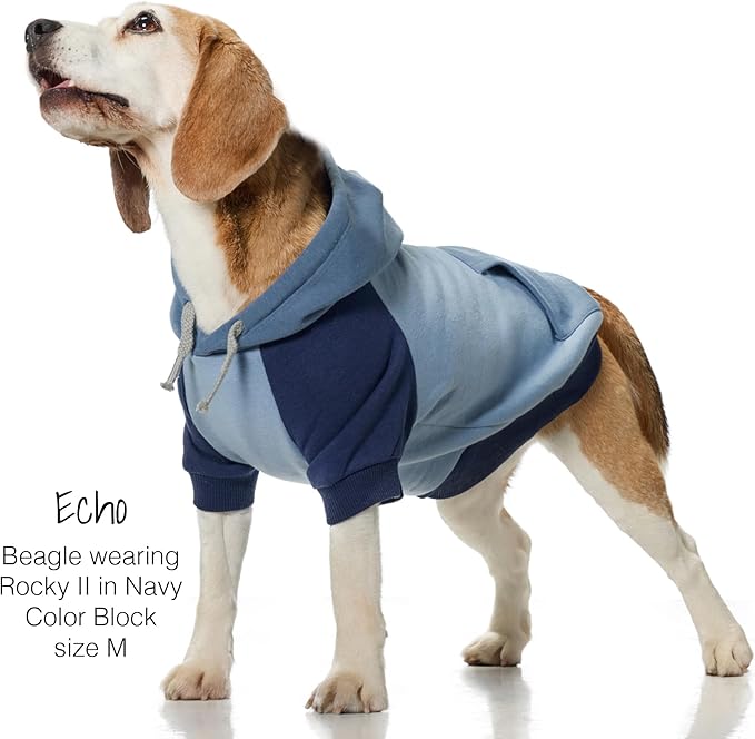 Rocky II - The Extra Comfy Hoodie, Organic Cotton and Recycled Poly Dog Hoodie Pet Coat Sweater for Small, Medium, Large Dogs, Navy Color Block, Small