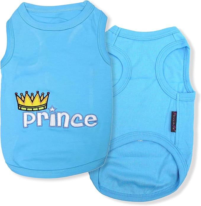 Parisian Pet Dog T-Shirt - Embroidered ' Prince ' 100% Cotton, Boy Dog Shirts - Sleeveless Pet Vest - Machine Washable Clothes for Medium-Sized Dogs - M