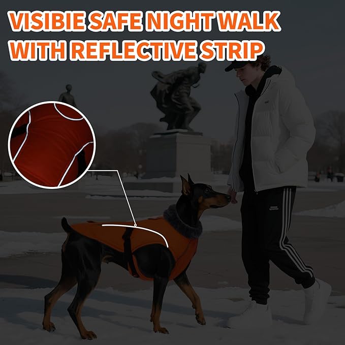 DENTRUN Winter Warm Dog Coat Reflective Jacket with Turtleneck for Cold Weather, Adjustable Buckle Windproof Water Repellent, Thick Snowsuit Fleece Vest for Small, Medium, Large Dogs, Orange, M