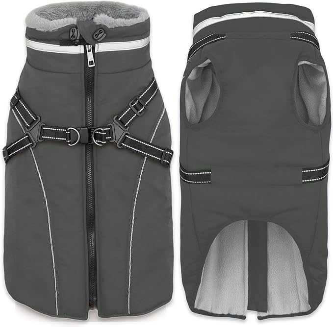 Fragralley Dog Coat with Harness Built in, Waterproof Windproof Reflective Warm Puffer Jacket, Fleece Lined Vest Winter Parka for Small, Medium, Large Dogs