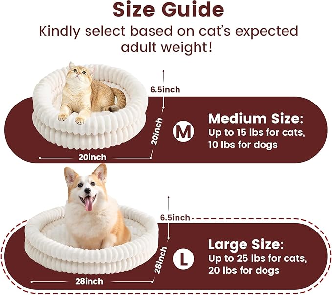 Petinstinct Dog Bed Medium Size Dog, Machine Washable Orthopedic Donut Cat Beds for Indoor Cats, Fluffy Round Pet Bed with Anti-Slip Bottom for Puppy and Kitten, White, 28"x28"x5"