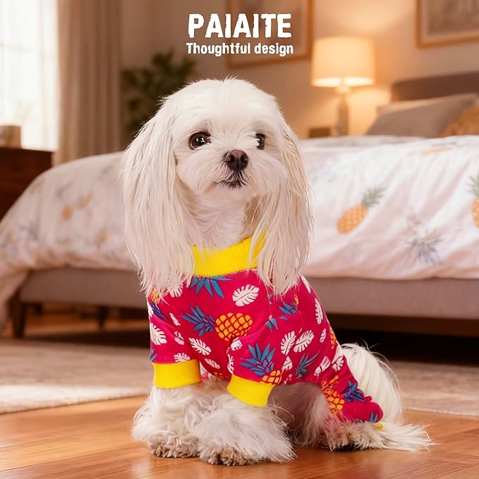 Paiaite 4-Legged Cotton Stretchable Jumpsuit Pjs: Pineapple Pattern Dog Pajamas - Lightweight Cozy Puppy Onesie Clothes, Comfortable Pet Sleepwear Jammies for Hair Shedding Coverage White Edge M