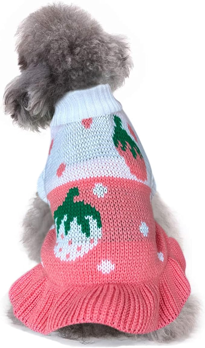 CHBORCHICEN Pet Dog Sweaters Classic Knitwear Turtleneck Winter Warm Puppy Clothing Cute Strawberry and Heart Doggie Sweater (L, Dress-Pink)