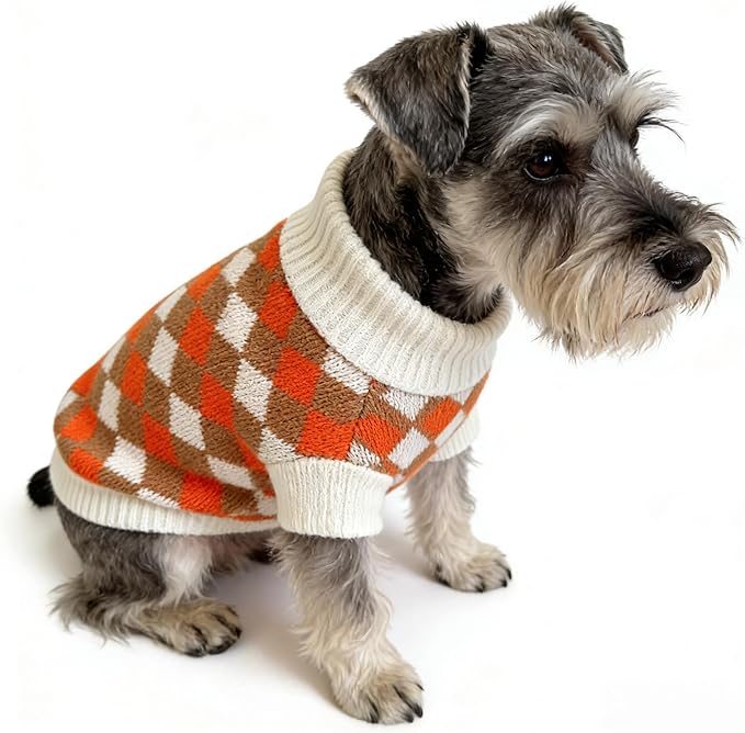 Small Dog Cold Weather Sweaters – Warm Knit Turtlenecks, Cozy Pet Pullovers Dog Clothes with Leash Hole for Chihuahua Bulldog Pug Beagles (Orange/Beige, X-Large)