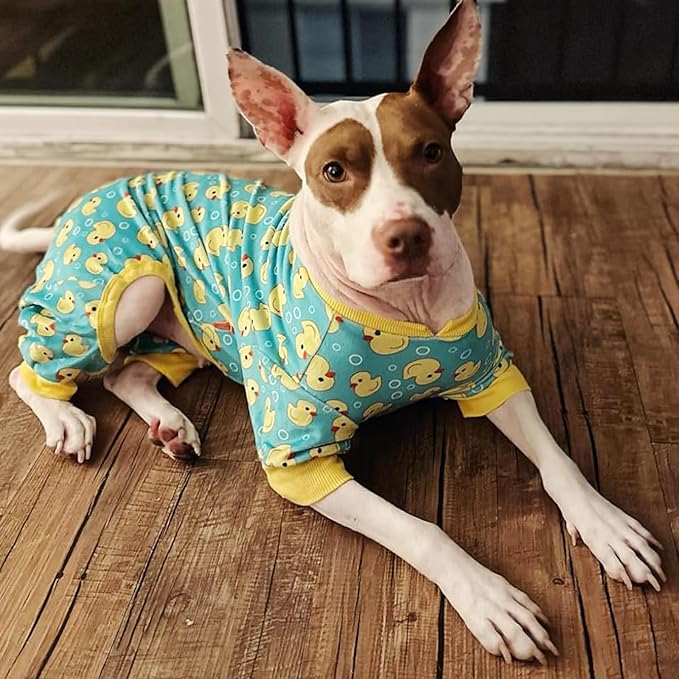 KYEESE Dog Pajamas Velvet Dog Pajamas Medium Sized Dogs Soft Dogs Clothes Pjs with Yellow Ducks Pattern Stretchy Pet Jammies Coat Comfy Pet Onesie Costume, 2X-Large