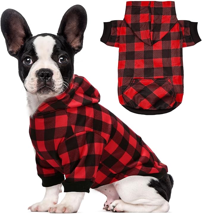 Red Plaid Dog Hoodie Soft Warm Fleece Lined Dog Sweater Hoodie with Leash Hole and Pocket Elastic Pet Coat Clothes Dogs Sweatshirt for Small Medium Large Size Dogs(Red A,Small)