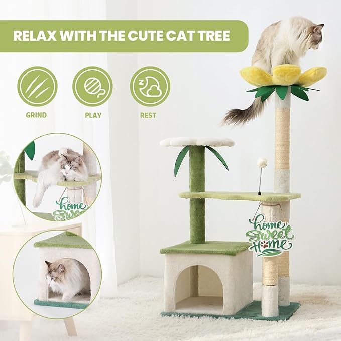 HYABi 47.5-Inch Avocado Cat Tree Tower - Cute Garden Cat Condo with Multi-Level Activity Platform, Scratching Posts & Plush Ball, Perfect for Indoor Kittens