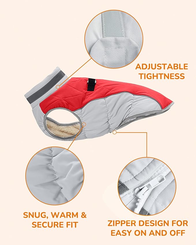 Dog Coat for Large Dogs, Adjustable Dog Jackets for Cold Weather, Reflective Winter Coat with Built-in Harness, Snowsuit Fits Dogs 22-47 lbs and Up, Size L Red