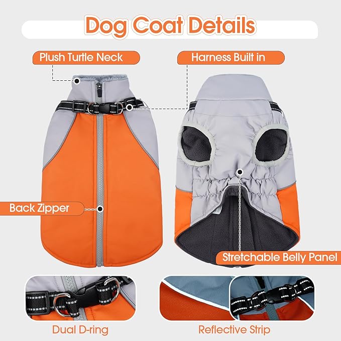 DENTRUN Dog Coat with Harness Built in, Easy On/Off Zipper Closure Winter Dog Vest, Fleece Lined Warm Jacket with Reflective for Labrador, Orange, L