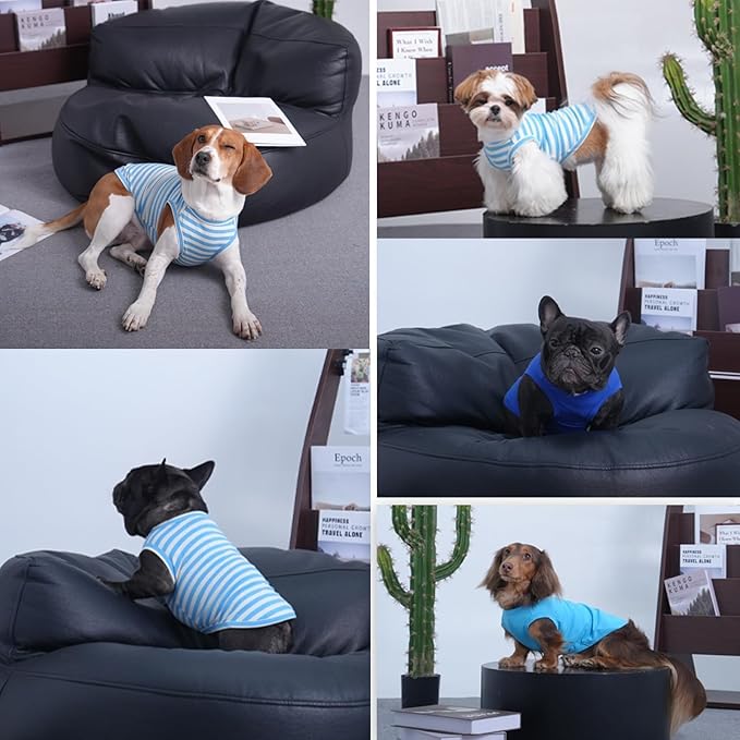 3 Pack Blue Striped Dog T-Shirts for Small Dogs,XS Lightweight Sleeveless Shirt Set for Summer Beach Sun Protection,Soft Machine Washable,Simple Solid Color,Chihuahua(Blue,XS)