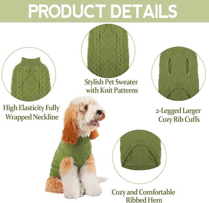 TONY HOBY Small Dog Sweaters Knitted Warm Dog Sweatshirt, Doggy Winter Coat Puppy Cold Weather Pullover Classic Knitwear Doggie Sweater, Thick Warm Winter Pet Clothes (M, Green)