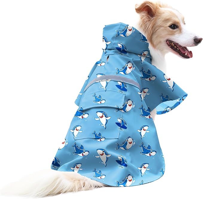 NACOCO Large Dog Raincoat Adjustable - Pet Shark Water Proof Clothes Lightweight Rain Jacket Poncho Hoodies with Strip Reflective Blue (3XL, Blue Shark)