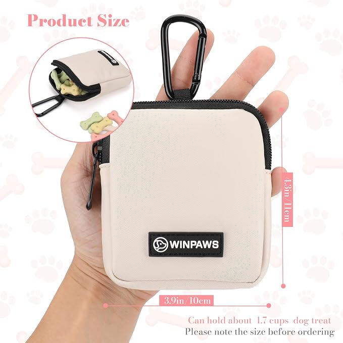 Dog Treat Pouch with Training Clicker,Waterproof Nylon Fabric Poop Bag Holders for Leashes,Hands Free Small Dog Walking Bag with Carabiner, Pet Puppy Training Walking Essentials (Beige)