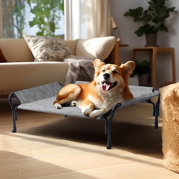 Veehoo Cooling Elevated Dog Bed, Raised Pet Cot with Guardrail & Slope Headrest, Durable Breathable Teslin Mesh, Non-Slip Feet, Washable Dog Couch Bed for Indoor & Outdoor, 39.5" x 28", Black Silver
