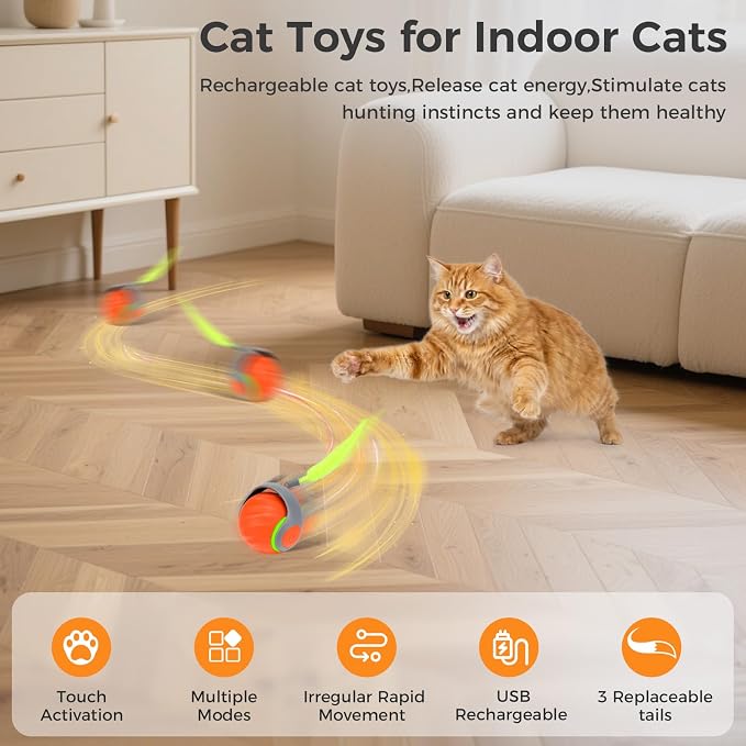 Automatic Interactive Cat Toy Ball with 3 Tails，Rechargeable Moving Cat Toy for Indoor Cats，Cat Toys Balls for Indoor Cats|Fun Interactive Cat Toys & Perfect Cat Gifts，cat ChaCe Toy，Motion Activated