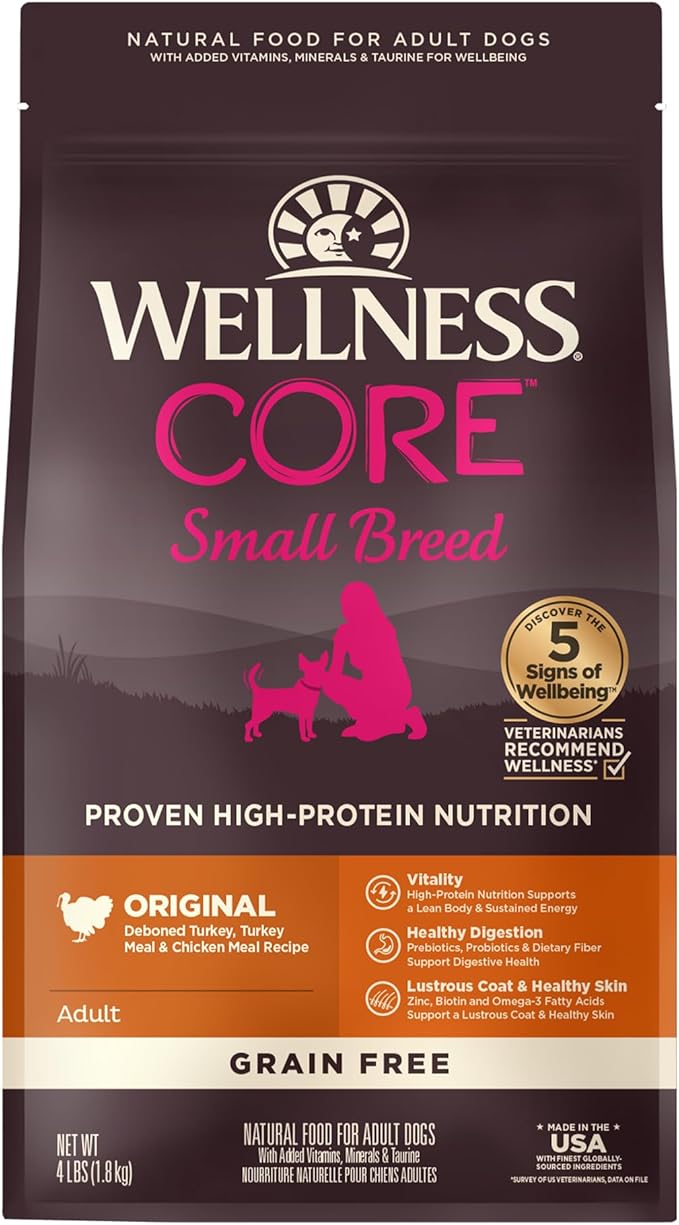 Wellness CORE Dry Dog Food, Small Breed, Grain-Free, High Protein, Natural, Original Turkey & Chicken Recipe, (4-Pound Bag)