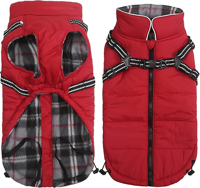 Geyecete Winter Warm Coat Waterproof Dog Jacket with Harness Traction Belt,Pet Outdoor Jacket Dog Autumn and Winter Clothes-Red-XL
