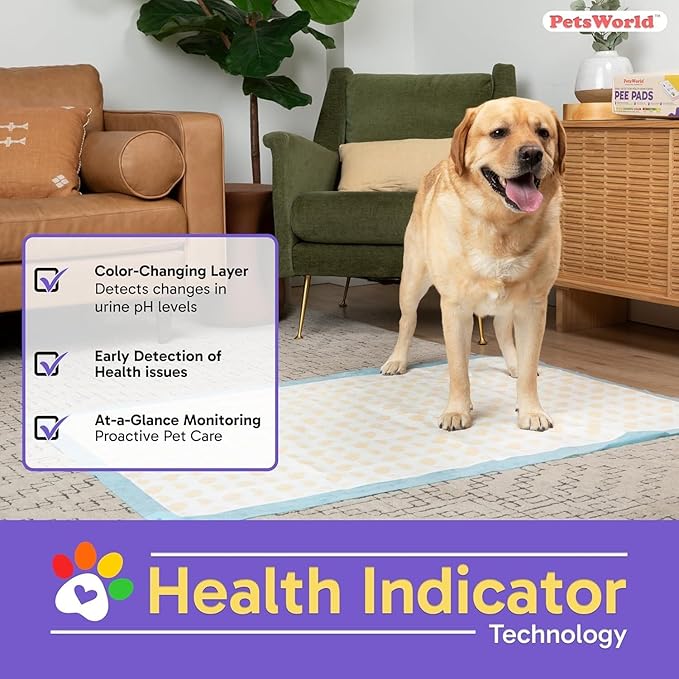 PETSWORLD Health Monitoring Dog Pee Pads – 37x54 Inch, 25 Count 3XL Color-Changing Potty Pads | Detects Health Issues | Leak-Proof, Ultra Absorbent, Odor Control