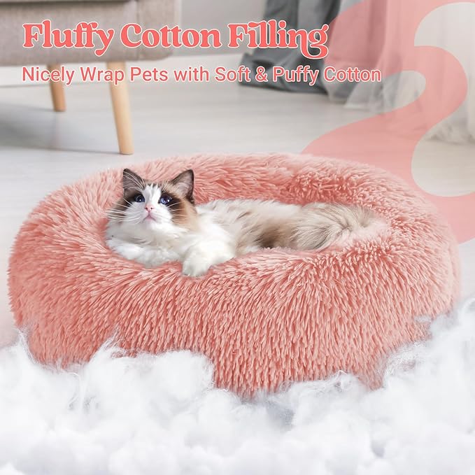 rabbitgoo Cat Beds for Indoor Cats, 20 inches Cat Bed Machine Washable, Fluffy Round Pet Bed Non-Slip, Calming Soft Plush Donut Cuddler Cushion Self Warming for Small Dogs Kittens, Light Pink, Medium