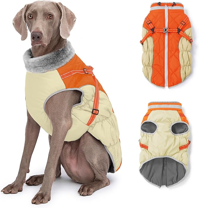 Dog Winter Coat with Harness, Dog Jacket, Pet Clothes with Zipper on Back, Waterproof Windproof Warm Vest, Reflective Cold Weather Coats, for Small Medium Large Dogs, Thick, Orange, S