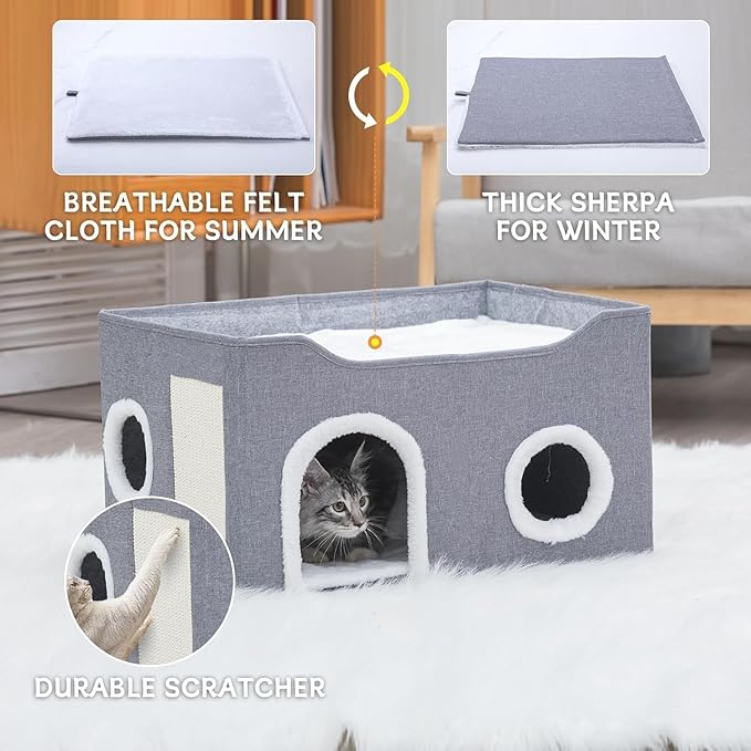 Gosipeya Cat House for Indoor Cats – Foldable Cat Cave & Covered Cat Bed, Cozy Hideaway for Small Pets and Large Cats (23.6"x16"x12.8"),Grey
