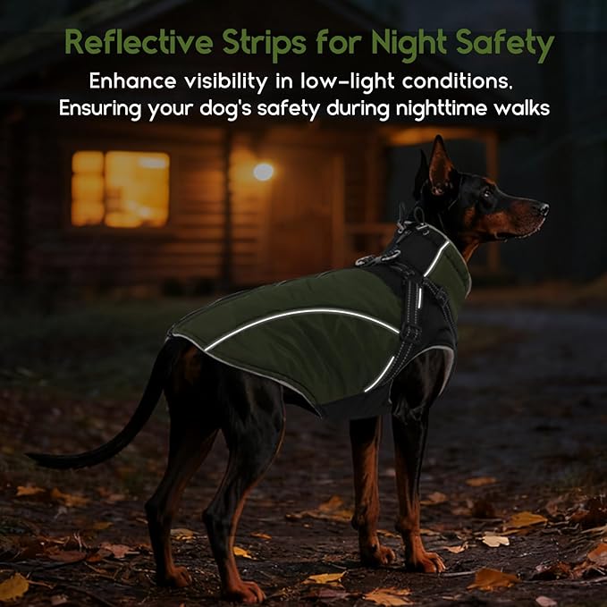 ASENKU Reflective Dog Coat with Built-in Harness, Windproof Fleece-Lined Dog Jacket for Small, Medium, Large Dogs, Warm Winter Vest with Turtleneck & Zipper (Green XS)